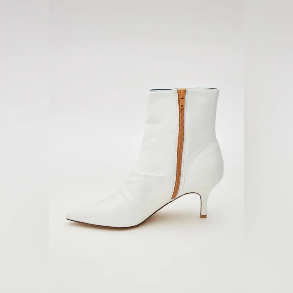Jaggar White Pleated Leather Boots Kitten Heel Booties in Ivory NIB 37/39
